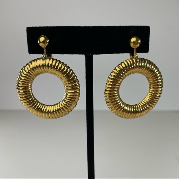 Gold Ribbed Hoop Clip On Earrings - Picture 4 of 9